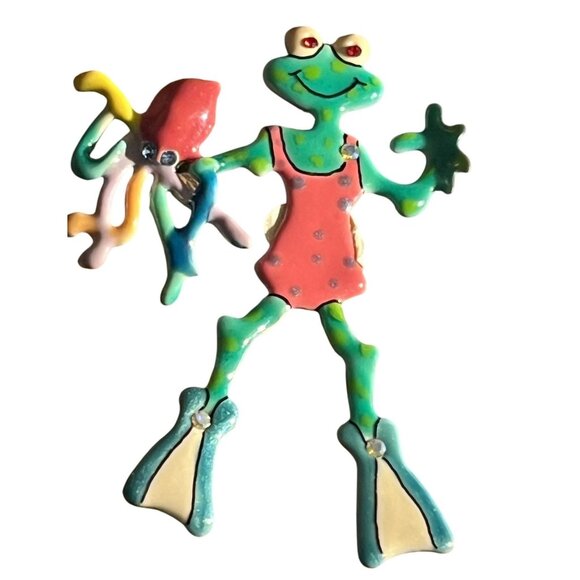 Carrete By Ganz Frog & Octopus Scuba Diving Rhinestone Brooch Pin Kids Girls - Picture 8 of 9